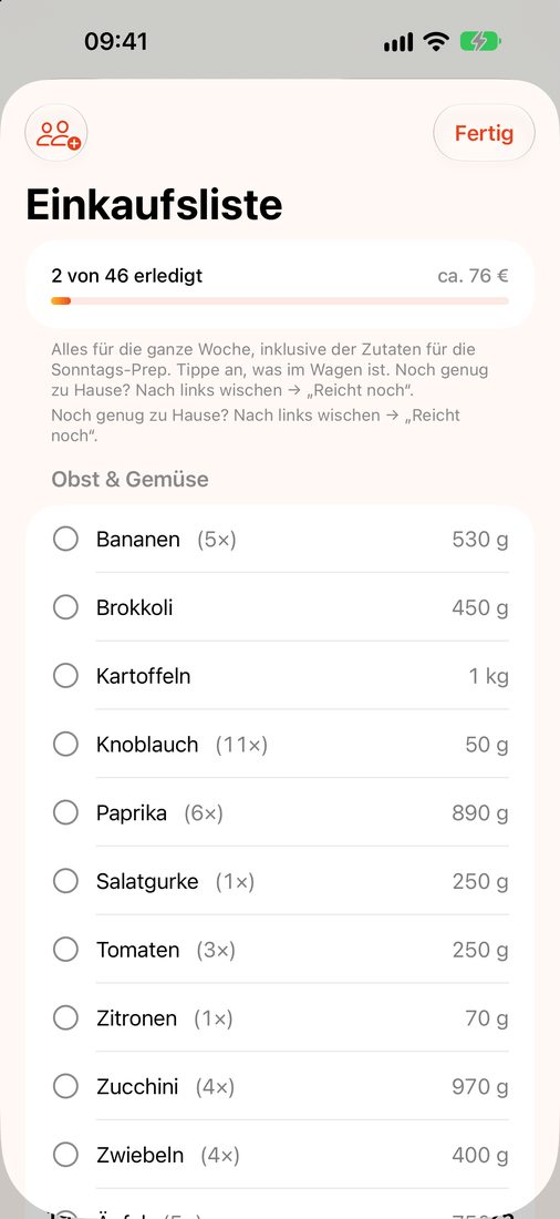Einkaufsliste nach Supermarkt-Bereichen